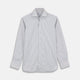 Turnbull & Asser's Tailored Fit Grey and White Pinstripe Shirt features a Kent collar, 2-button cuffs, and white buttons. Displayed on a plain white background.