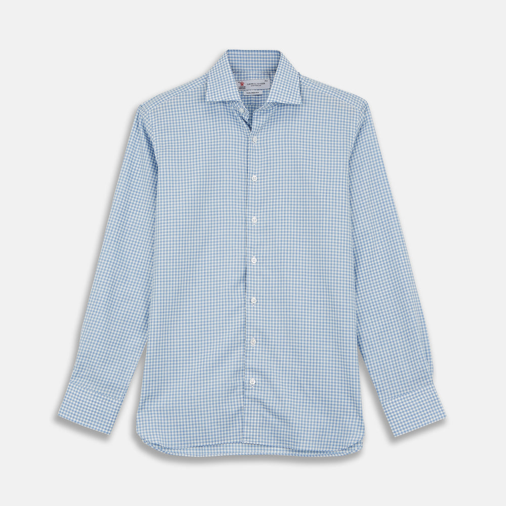 The Turnbull & Asser Tailored Fit Light Blue Gingham Shirt features a Kent collar, 2-button cuffs, and a small blue-and-white checkered pattern, shown on a white background.