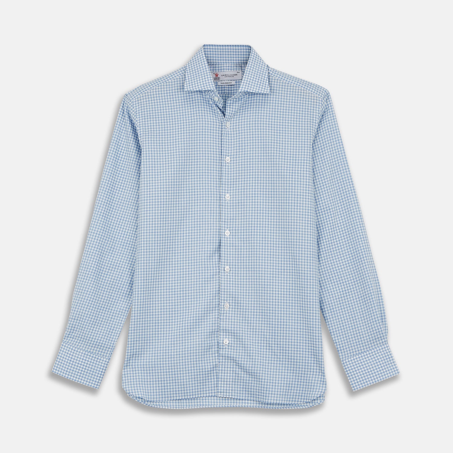 View 1 of product The Turnbull & Asser Tailored Fit Light Blue Gingham Shirt features a Kent collar, 2-button cuffs, and a small blue-and-white checkered pattern, shown on a white background.