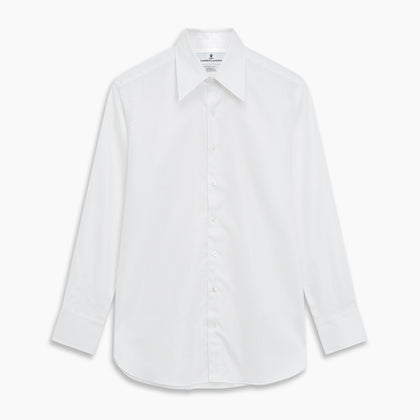 White Herringbone Tailored Fit Cotton Shirt with Long Point Collar and 2-Button Cuff Image 2