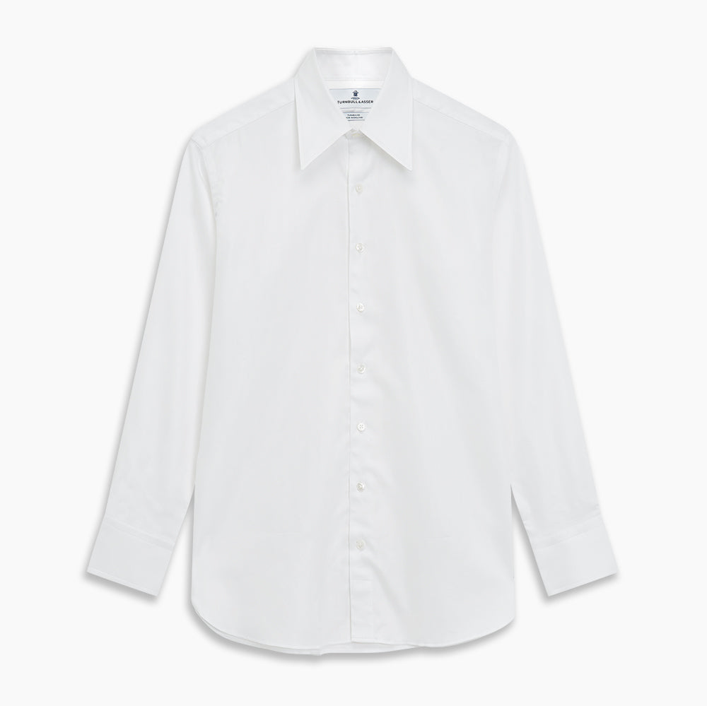 The Turnbull & Asser White Herringbone Tailored Fit Cotton Shirt features a long point collar, 2-button cuff, and button-down front, shown laid flat on a white background.