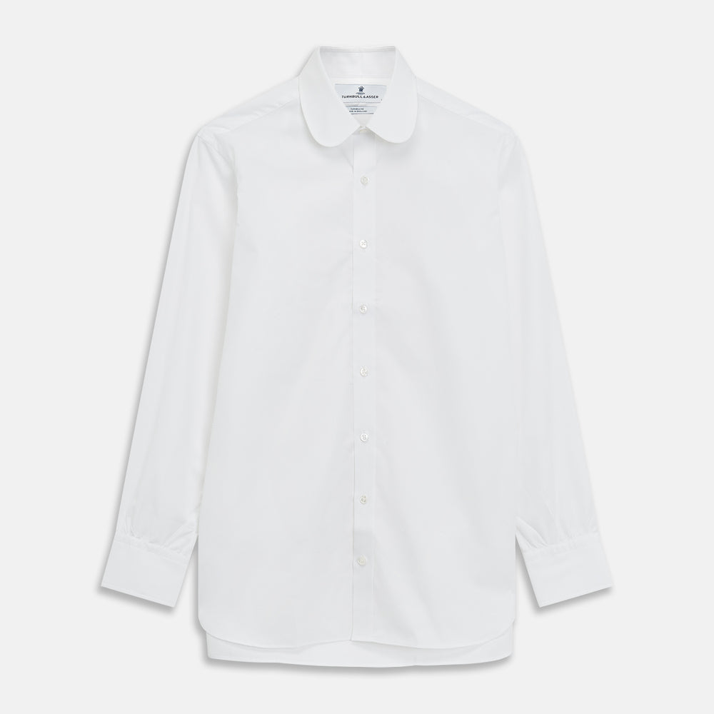 The Turnbull & Asser Plain White Regular Fit Cotton Shirt features a round collar and 3-button cuffs, showcased against a white background.