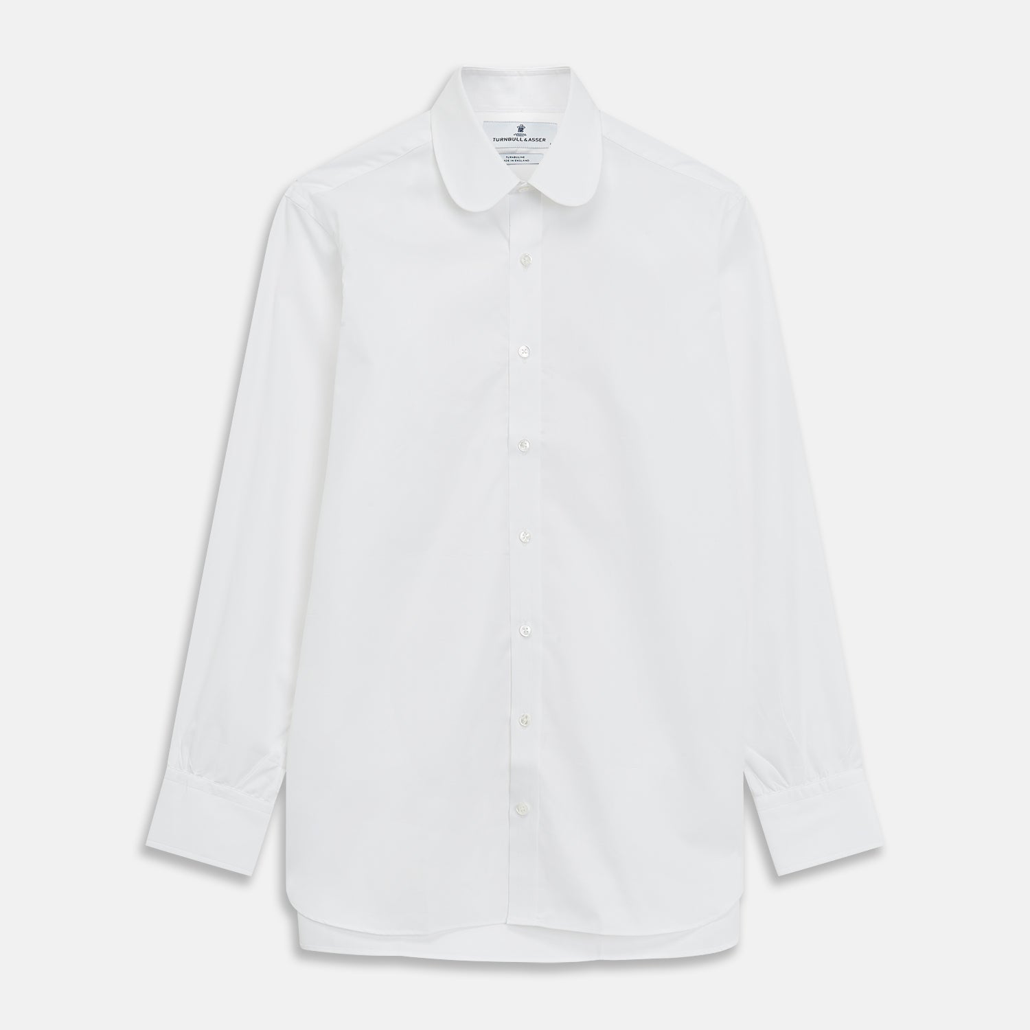 View 1 of product The Turnbull & Asser Plain White Regular Fit Cotton Shirt features a round collar and 3-button cuffs, showcased against a white background.