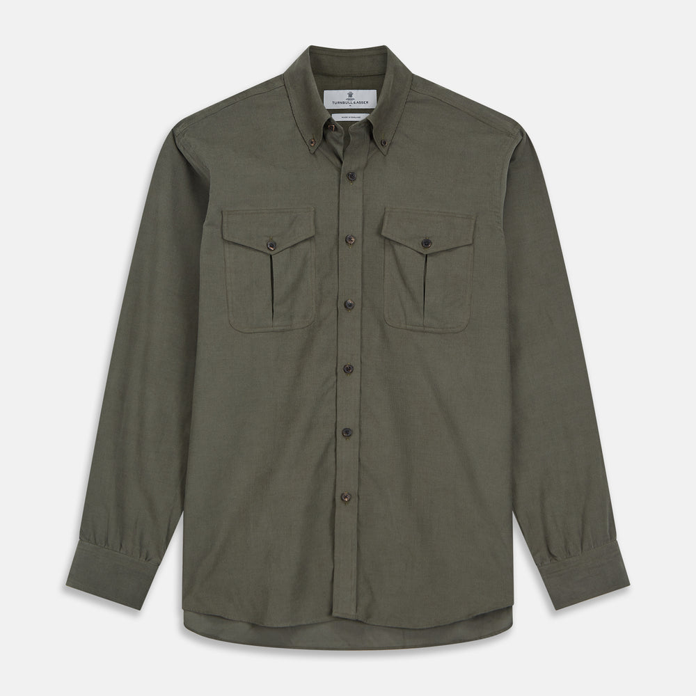 The Turnbull & Asser Khaki Corduroy Officer Weekend Fit Shirt features a Dorset collar, one-button cuffs, and two chest pockets with buttoned flaps, shown laid flat on a white background.