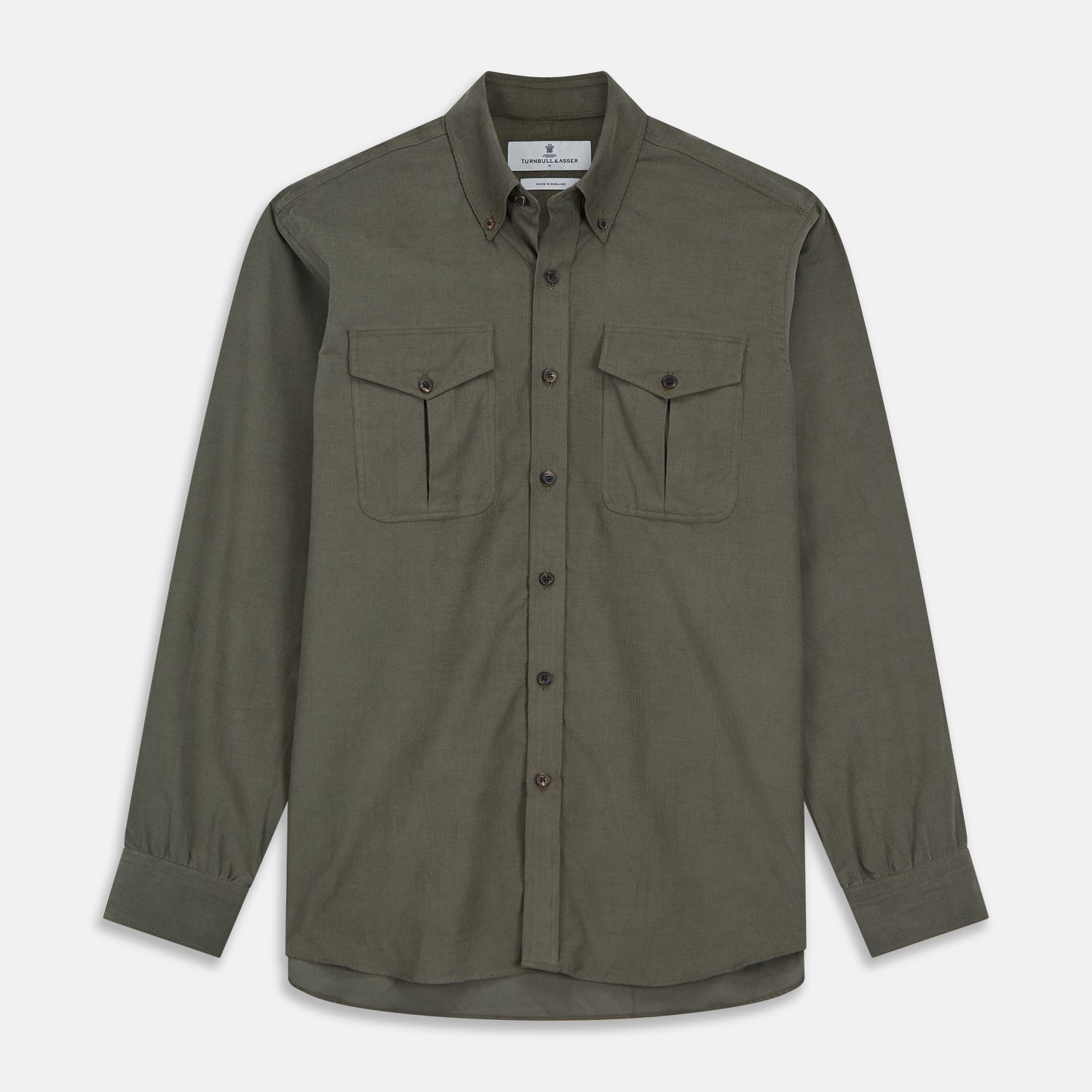 View 1 of product The Turnbull & Asser Khaki Corduroy Officer Weekend Fit Shirt features a Dorset collar, one-button cuffs, and two chest pockets with buttoned flaps, shown laid flat on a white background.
