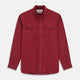 The Turnbull & Asser Burgundy Corduroy Officer Weekend Fit Shirt features a Dorset collar, long sleeves, one-button cuffs, and two chest pockets with buttoned flaps, shown laid flat on a white background.