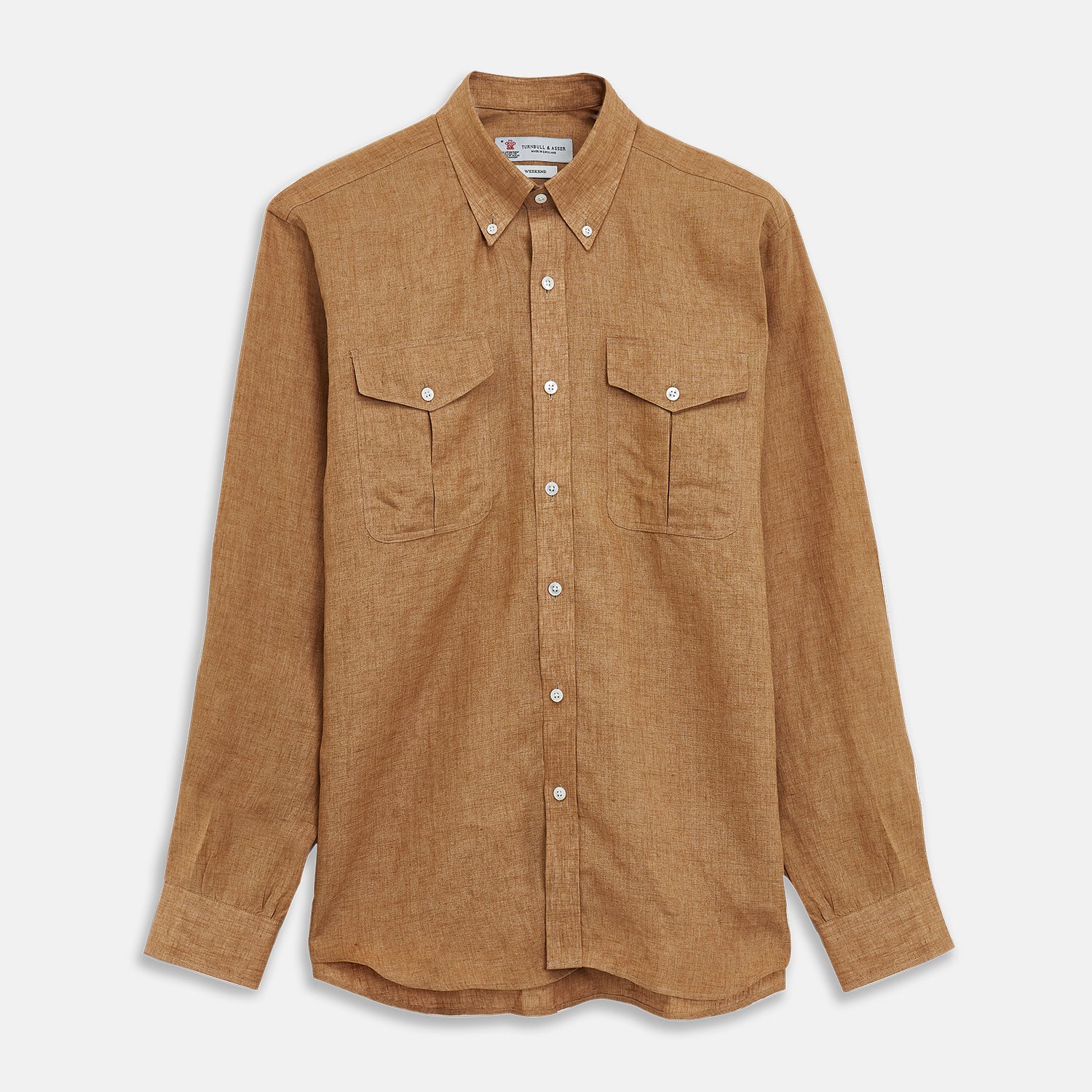 View 1 of product The Brown Linen Officer Weekend Fit Shirt by Turnbull & Asser features a Dorset collar, 1-button cuffs, two chest pockets, and white buttons; shown here laid flat on a white background.
