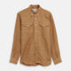 The Brown Linen Officer Weekend Fit Shirt by Turnbull & Asser features a Dorset collar, 1-button cuffs, two chest pockets, and white buttons; shown here laid flat on a white background.