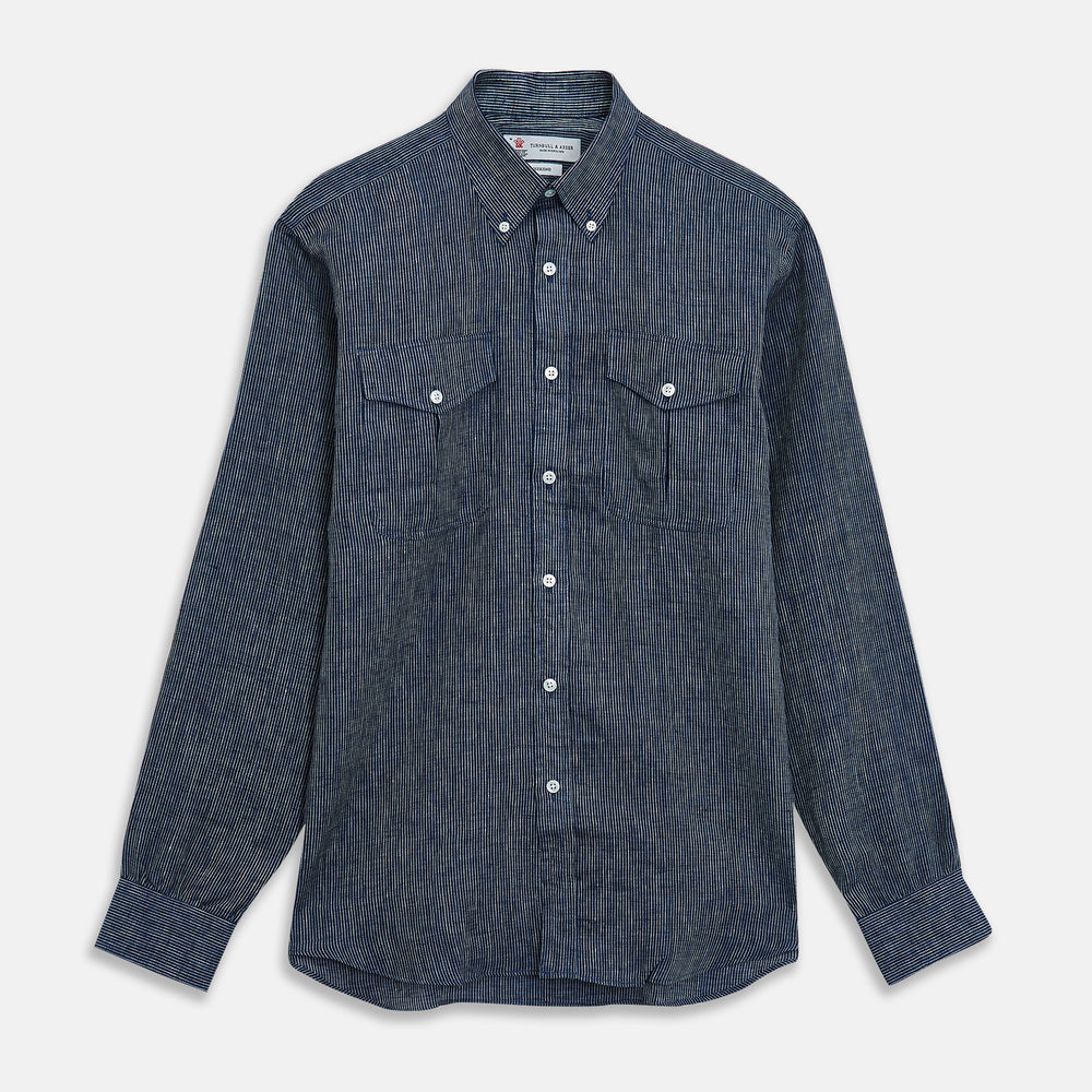 The Turnbull & Asser Navy & White Linen Officer Weekend Fit Shirt features a Dorset collar and 1-button cuffs, blending classic style and comfort.