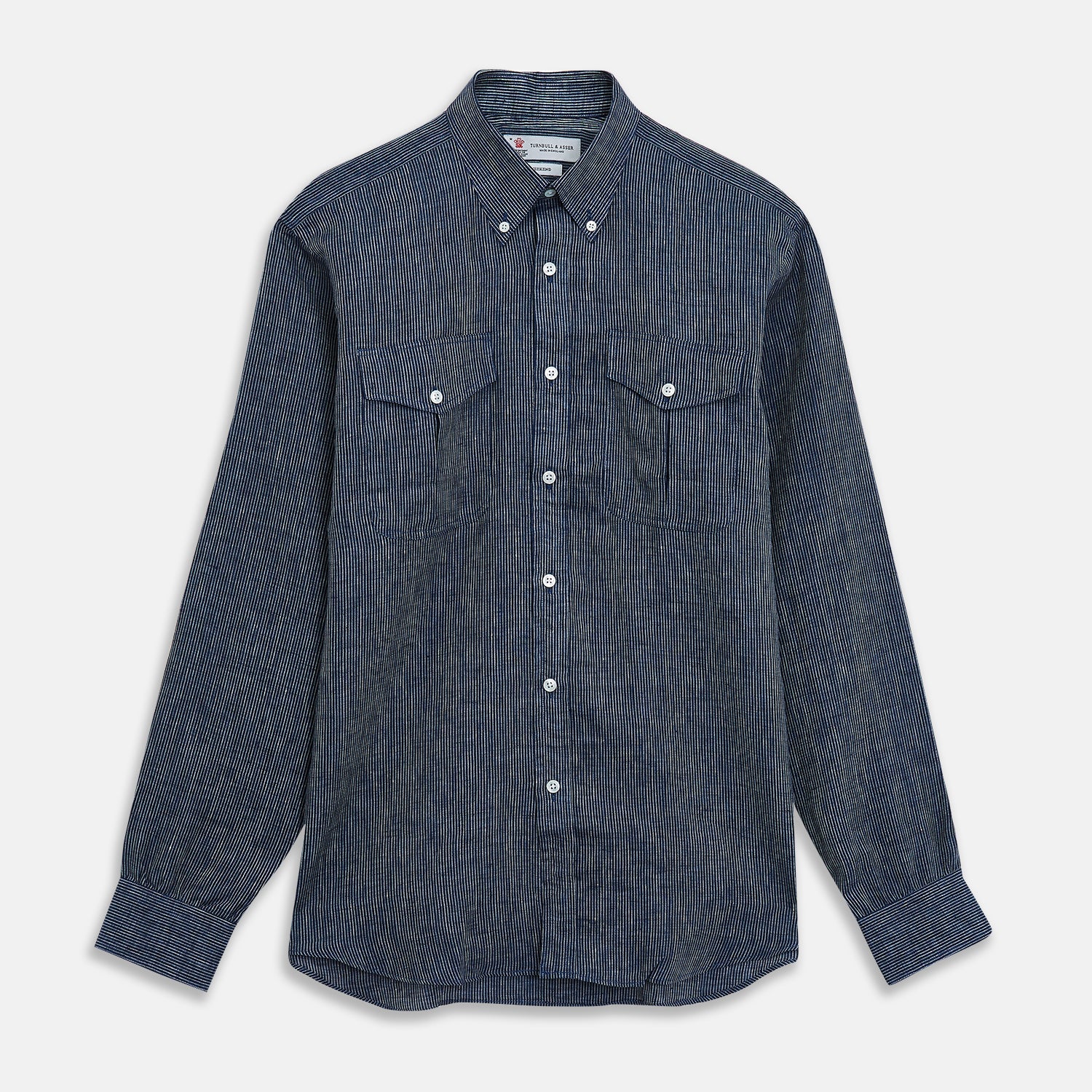 View 1 of product The Turnbull & Asser Navy & White Linen Officer Weekend Fit Shirt features a Dorset collar and 1-button cuffs, blending classic style and comfort.
