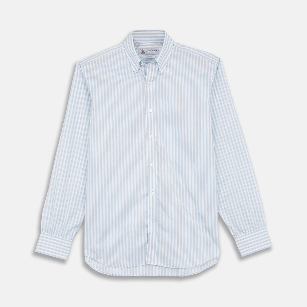 The Turnbull & Asser Weekend Fit Blue Stripe Cotton Shirt with Dorset collar and 1-button cuffs is laid flat on a white background, showcasing its classic long sleeves, striped design, and button-down front.