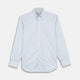 The Turnbull & Asser Weekend Fit Blue Stripe Cotton Shirt with Dorset collar and 1-button cuffs is laid flat on a white background, showcasing its classic long sleeves, striped design, and button-down front.
