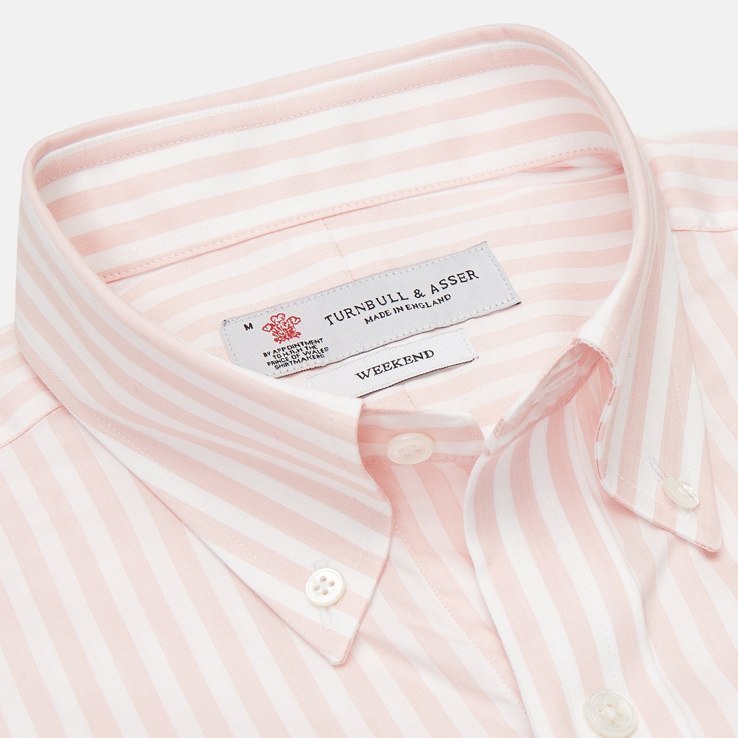View 3 of product The Turnbull & Asser Weekend Fit Pink Stripe Cotton Shirt features a Dorset collar, 1-button cuffs, and light pink and white vertical stripes—perfect for the season.