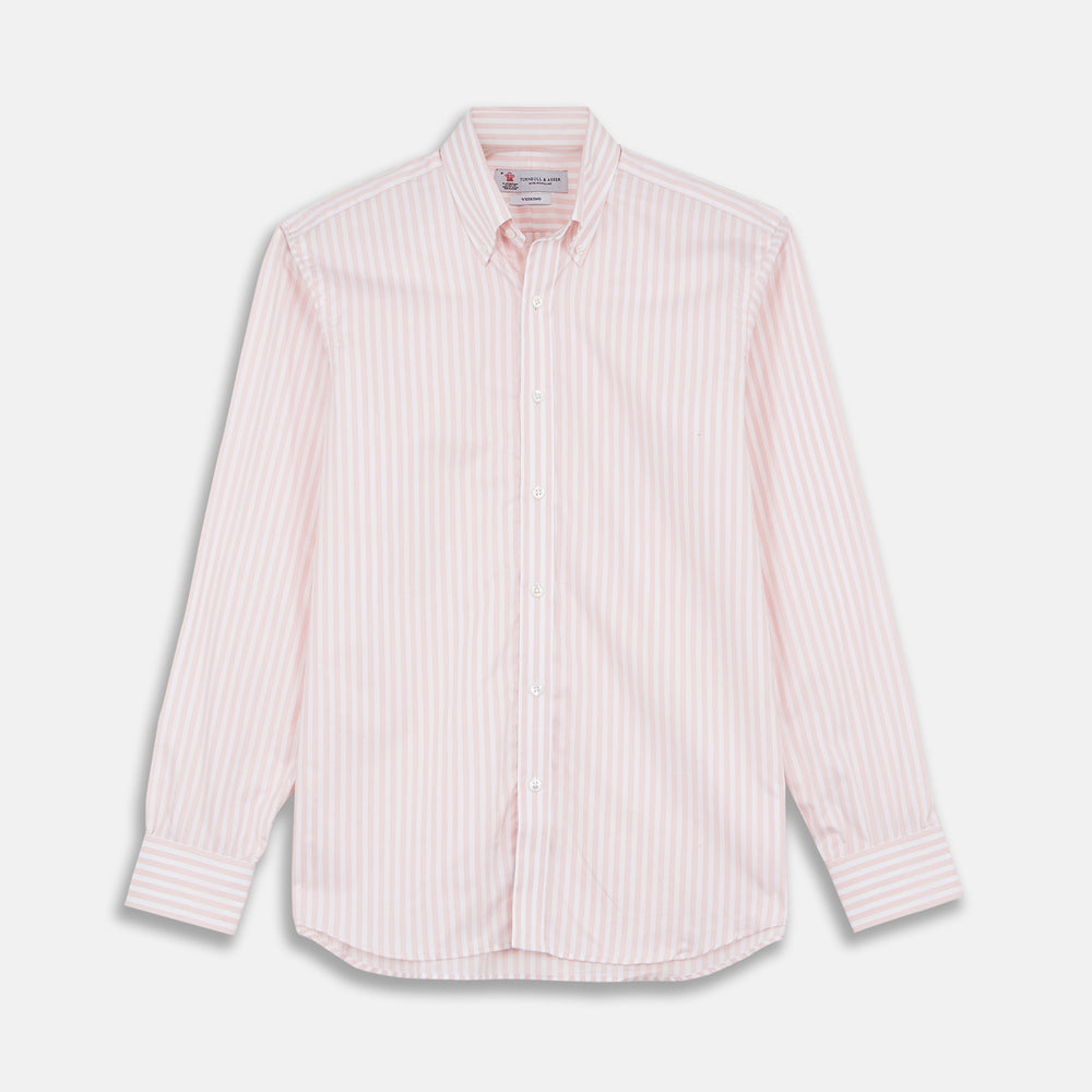 The Turnbull & Asser Weekend Fit Pink Stripe Cotton Shirt features a Dorset collar, 1-button cuffs, and light pink and white vertical stripes—perfect for the season.