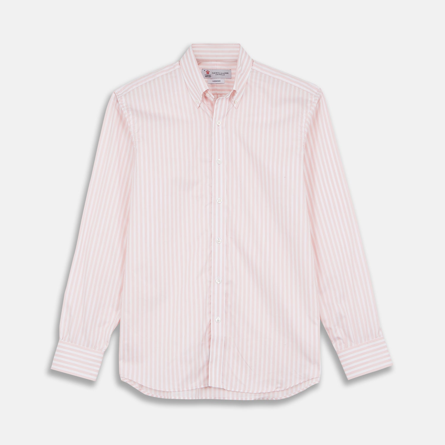 View 1 of product The Turnbull & Asser Weekend Fit Pink Stripe Cotton Shirt features a Dorset collar, 1-button cuffs, and light pink and white vertical stripes—perfect for the season.