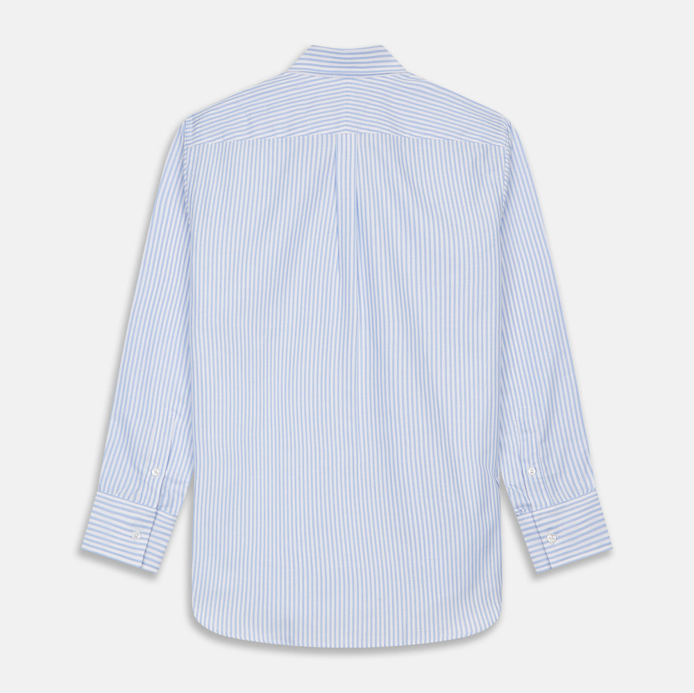 The Turnbull & Asser Blue and White Fine Stripe Oxford Weekend Fit Shirt features a Dorset collar and 1-button cuffs, shown laid flat on a white background. Part of our Weekend Fit shirts collection.