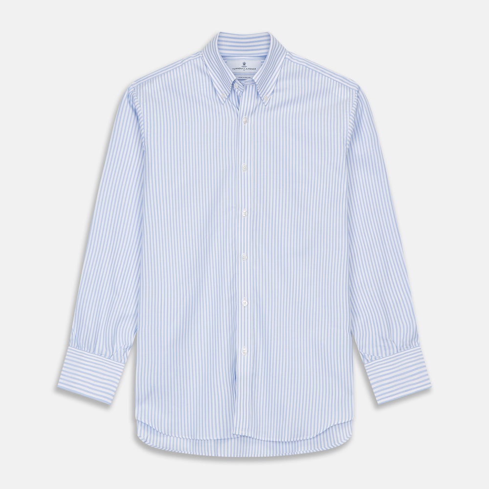 The Turnbull & Asser Blue and White Fine Stripe Oxford Weekend Fit Shirt features a Dorset collar and 1-button cuffs, shown laid flat on a white background. Part of our Weekend Fit shirts collection.