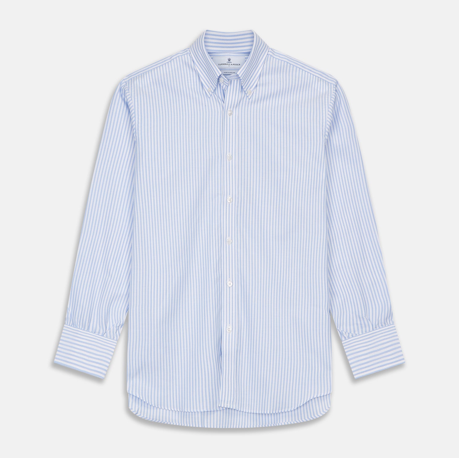 View 1 of product The Turnbull & Asser Blue and White Fine Stripe Oxford Weekend Fit Shirt features a Dorset collar and 1-button cuffs, shown laid flat on a white background. Part of our Weekend Fit shirts collection.