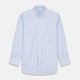 The Turnbull & Asser Blue and White Fine Stripe Oxford Weekend Fit Shirt features a Dorset collar and 1-button cuffs, shown laid flat on a white background. Part of our Weekend Fit shirts collection.