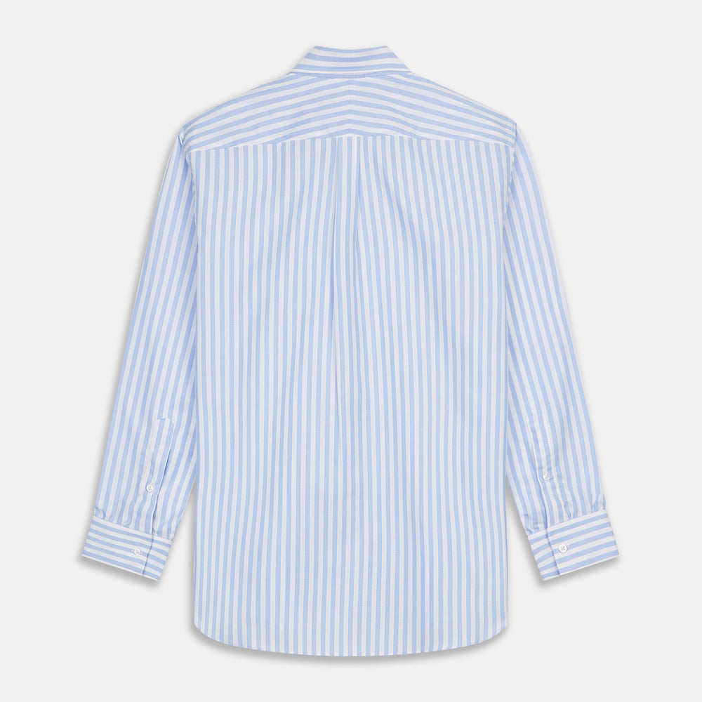 The Turnbull & Asser Blue and White Bengal Stripe Oxford Weekend Fit Shirt features a Dorset collar and 1-button cuffs, shown laid flat on a white background.