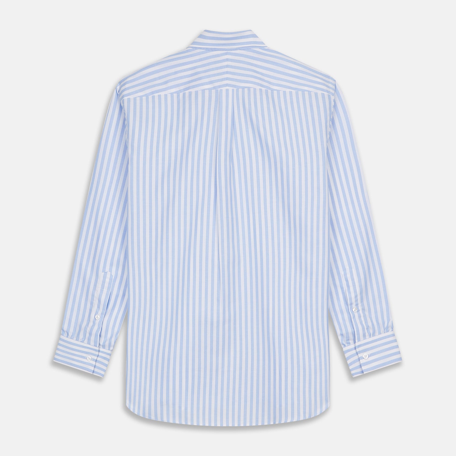 View 4 of product The Turnbull & Asser Blue and White Bengal Stripe Oxford Weekend Fit Shirt features a Dorset collar and 1-button cuffs, shown laid flat on a white background.