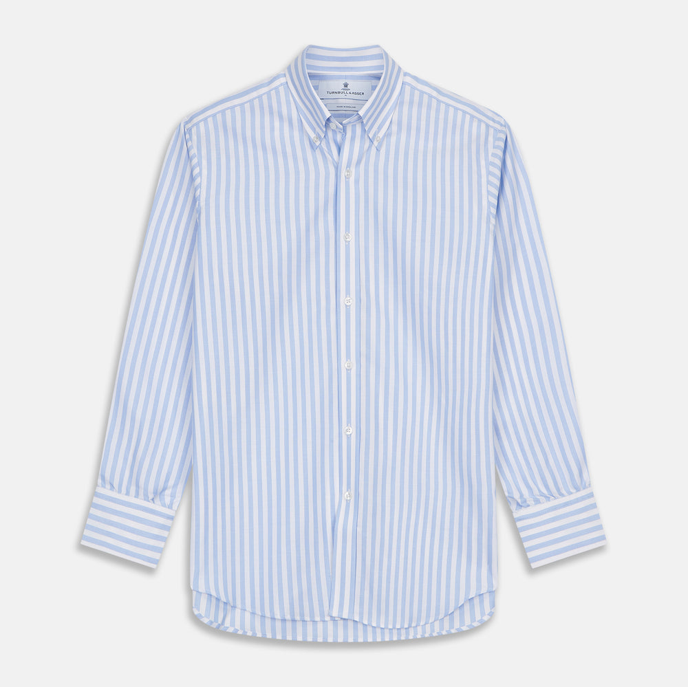 The Turnbull & Asser Blue and White Bengal Stripe Oxford Weekend Fit Shirt features a Dorset collar and 1-button cuffs, shown laid flat on a white background.
