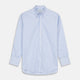 The Turnbull & Asser Blue and White Bengal Stripe Oxford Weekend Fit Shirt features a Dorset collar and 1-button cuffs, shown laid flat on a white background.