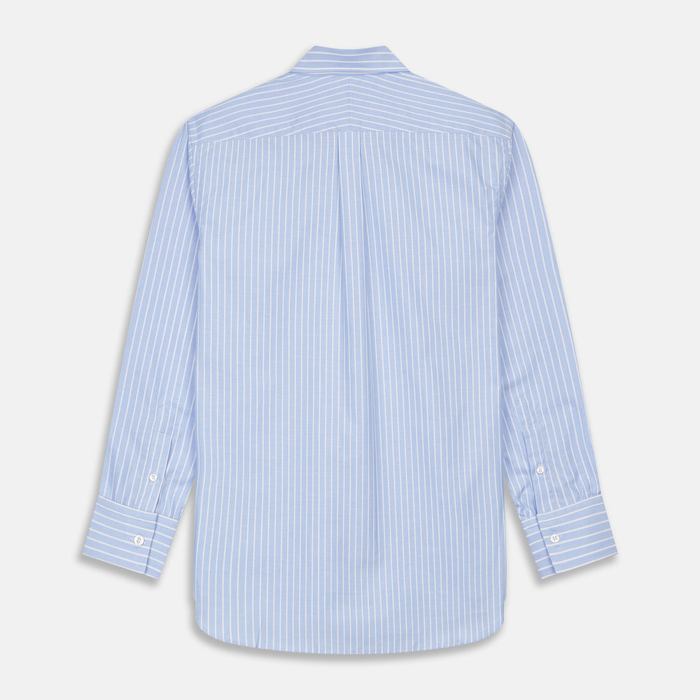The Turnbull & Asser Blue and White Broad Stripe Oxford Weekend Fit Shirt features a Dorset collar, 1-button cuffs, and classic stripes—ideal for smart-casual days. Laid flat on a white background.