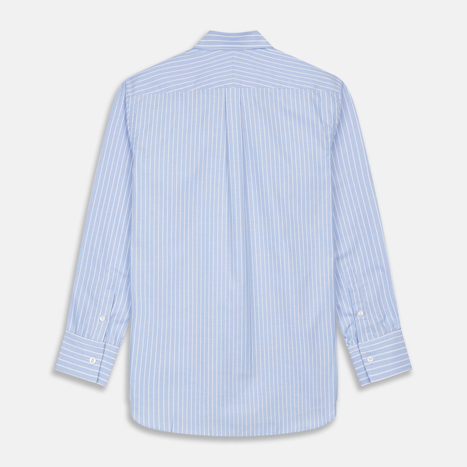 View 4 of product The Turnbull & Asser Blue and White Broad Stripe Oxford Weekend Fit Shirt features a Dorset collar, 1-button cuffs, and classic stripes—ideal for smart-casual days. Laid flat on a white background.