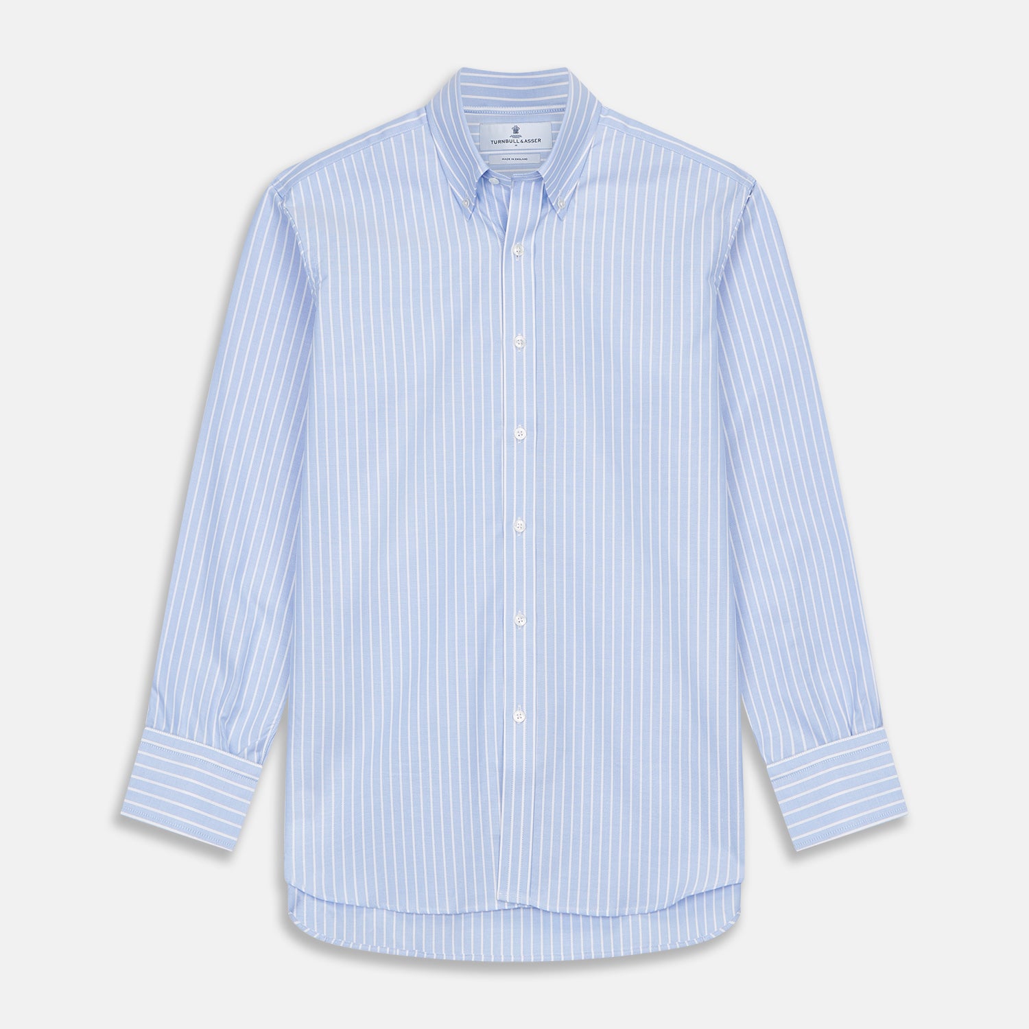 View 1 of product The Turnbull & Asser Blue and White Broad Stripe Oxford Weekend Fit Shirt features a Dorset collar, 1-button cuffs, and classic stripes—ideal for smart-casual days. Laid flat on a white background.