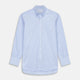 The Turnbull & Asser Blue and White Broad Stripe Oxford Weekend Fit Shirt features a Dorset collar, 1-button cuffs, and classic stripes—ideal for smart-casual days. Laid flat on a white background.