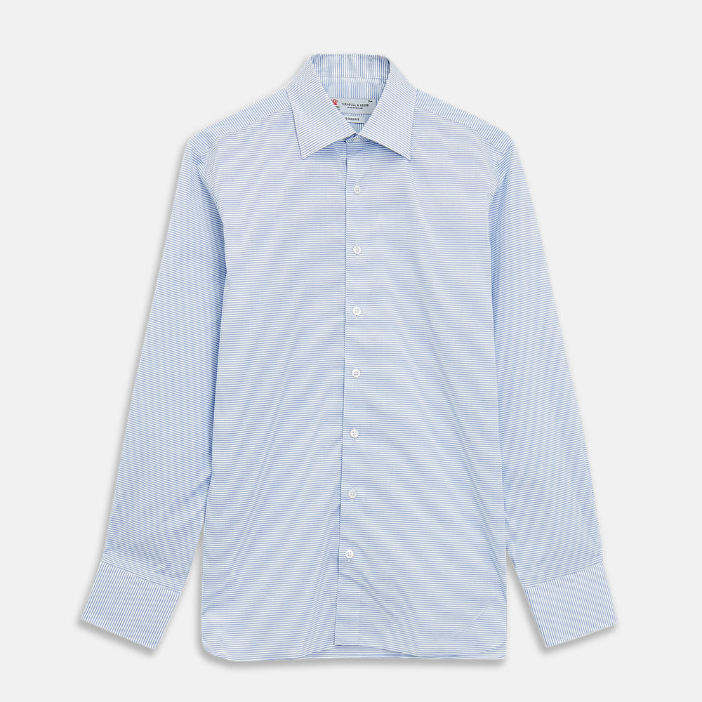 Turnbull & Asser Blue & White Twill Cotton Stripe Tailored Fit Shirt with Bury collar and 3-button cuffs, laid flat on a white background.