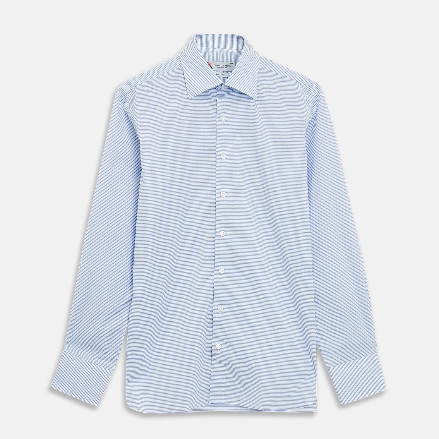 View 1 of product Turnbull & Asser Blue & White Twill Cotton Stripe Tailored Fit Shirt with Bury collar and 3-button cuffs, laid flat on a white background.