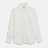 View 1 of product The Turnbull & Asser Cream Linen Weekend Fit Shirt features a Derby collar, 1-button cuffs, and single chest pocket, crafted from sustainable French linen. Shown laid flat on a white background.