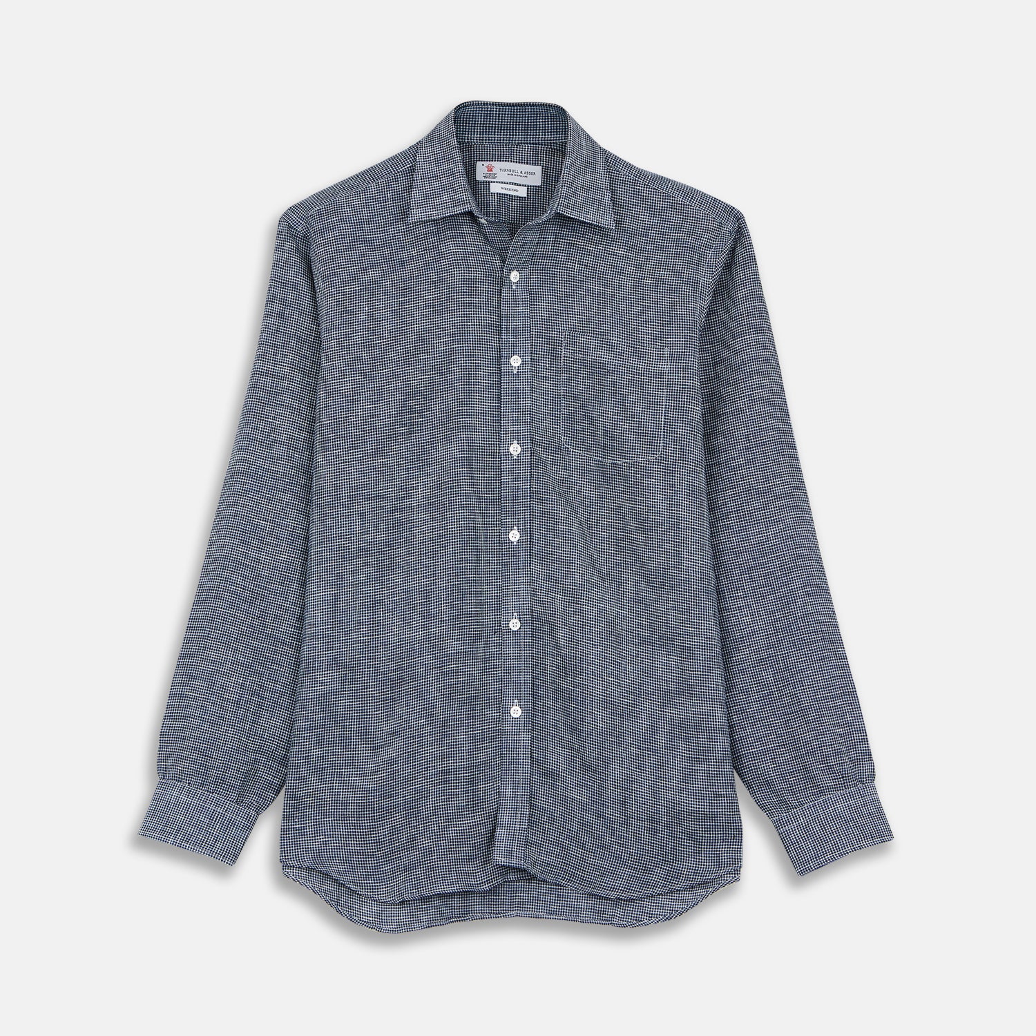 View 1 of product The Turnbull & Asser Weekend Fit Navy Check Linen Shirt features a Derby collar, left chest pocket, 1-button cuffs, and white buttons in textured microcheck fabric, shown laid flat on a white background.