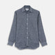 The Turnbull & Asser Weekend Fit Navy Check Linen Shirt features a Derby collar, left chest pocket, 1-button cuffs, and white buttons in textured microcheck fabric, shown laid flat on a white background.