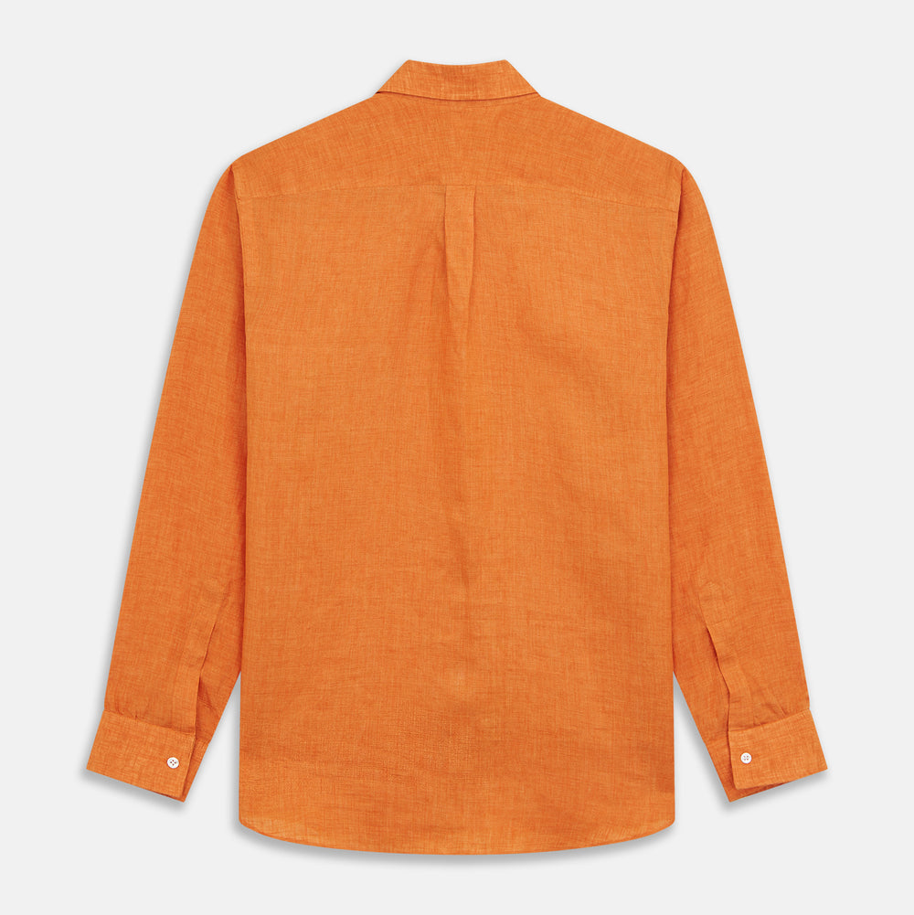 The Turnbull & Asser Orange Weekend Fit Linen Nevis Shirt features a Derby collar, long sleeves with 1-button cuffs, white buttons, and a chest pocket, shown flat against a white background.