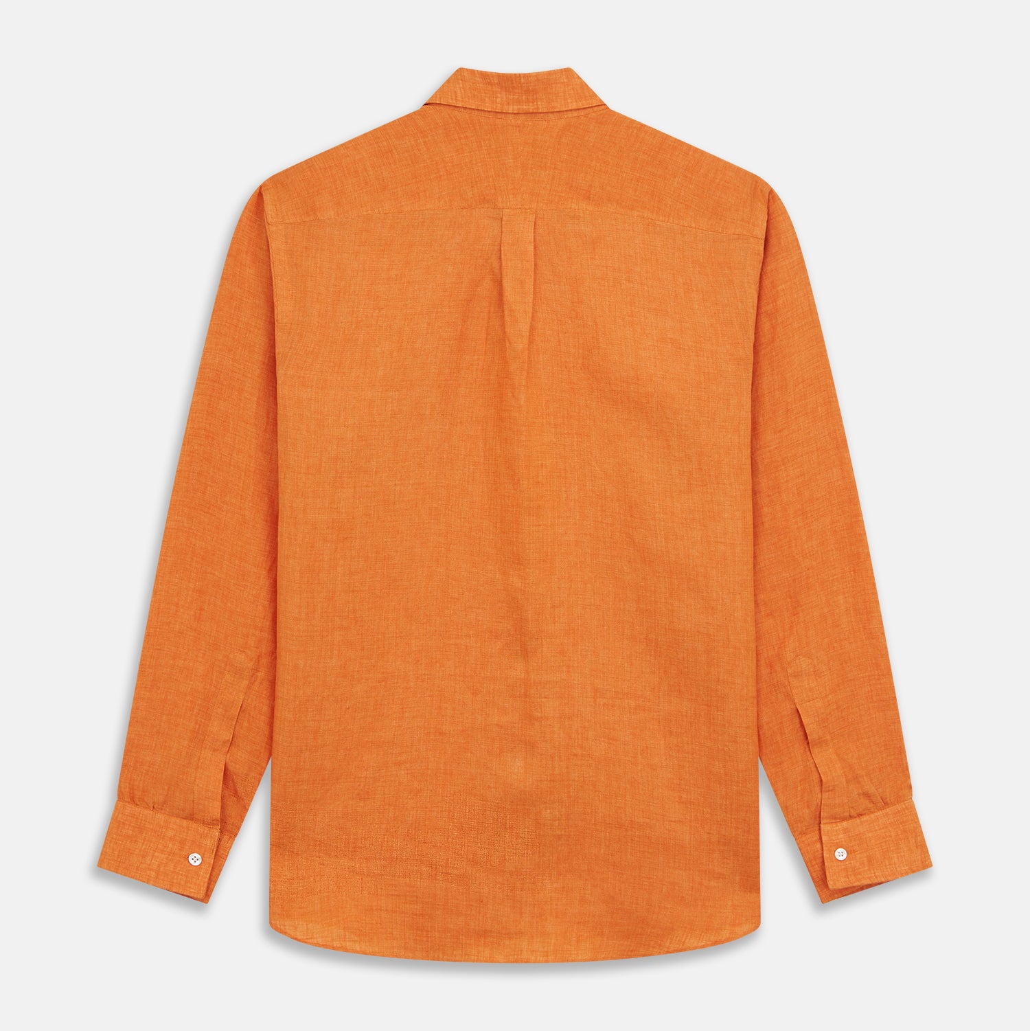 View 7 of product The Turnbull & Asser Orange Weekend Fit Linen Nevis Shirt features a Derby collar, long sleeves with 1-button cuffs, white buttons, and a chest pocket, shown flat against a white background.
