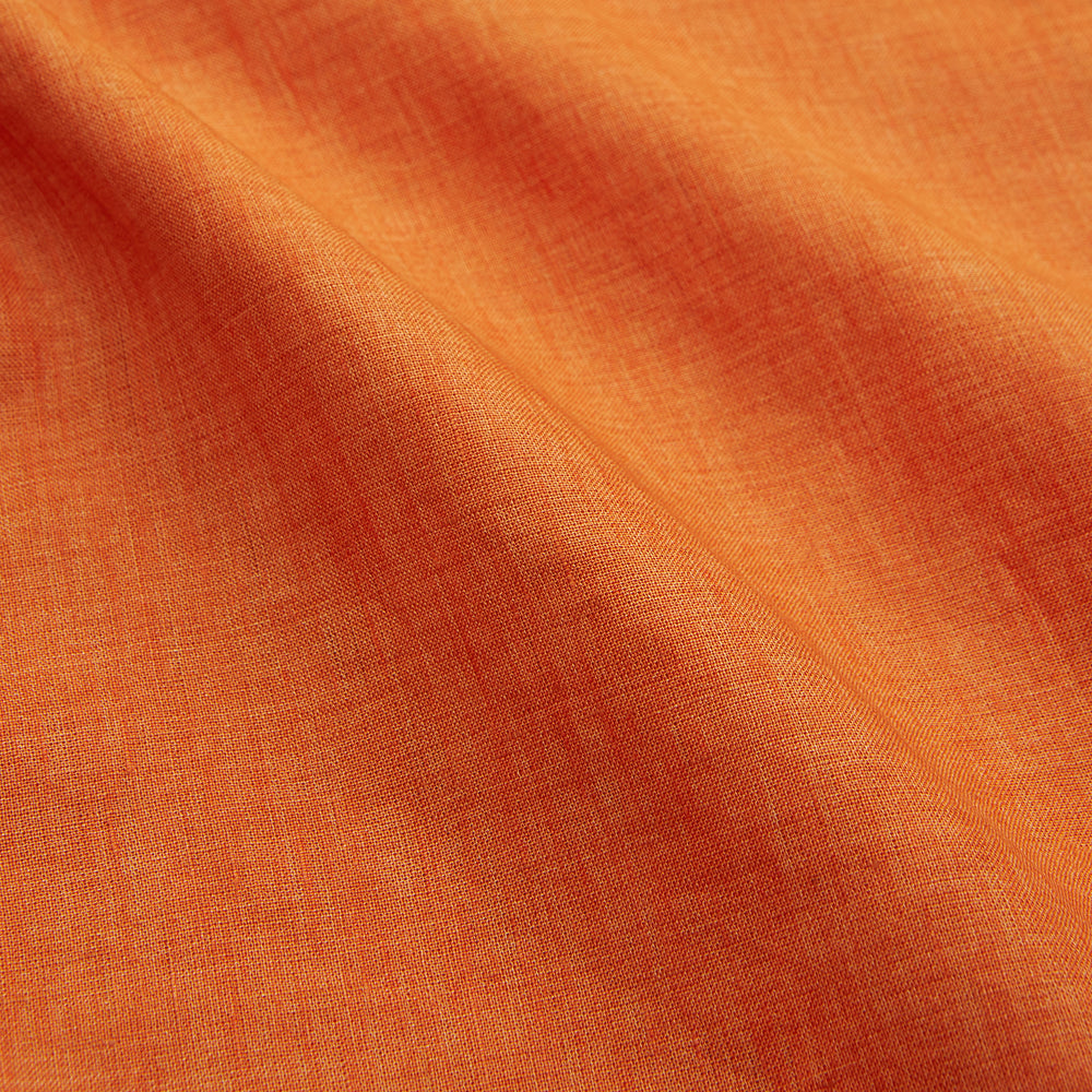 The Turnbull & Asser Orange Weekend Fit Linen Nevis Shirt features a Derby collar, long sleeves with 1-button cuffs, white buttons, and a chest pocket, shown flat against a white background.