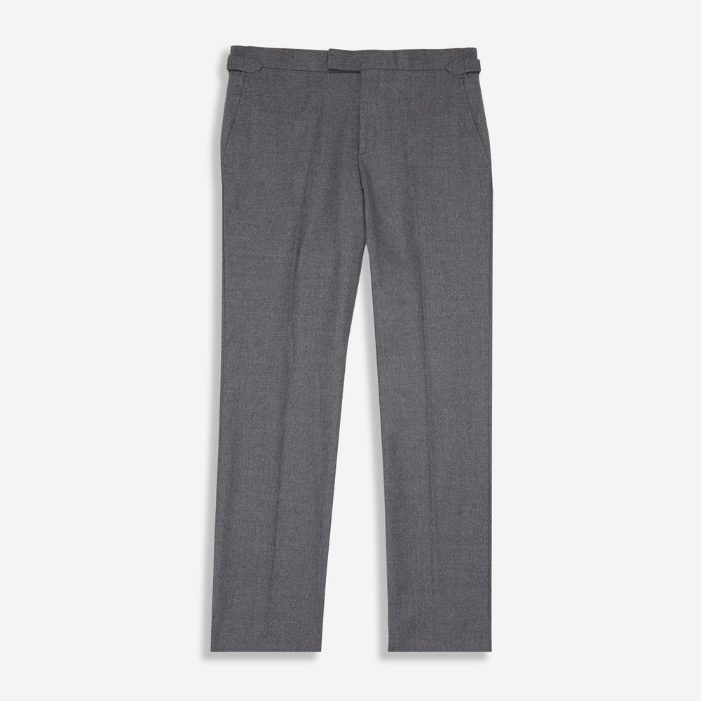 The Grey Fox Flannel Trousers by Turnbull & Asser are tailored in a straight-leg fit from soft wool flannel by Fox Brothers, featuring belt loops and side pockets, shown flat on a white background.