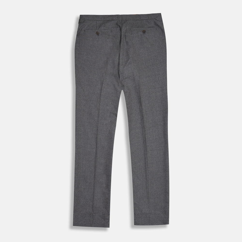 The Grey Fox Flannel Trousers by Turnbull & Asser are tailored in a straight-leg fit from soft wool flannel by Fox Brothers, featuring belt loops and side pockets, shown flat on a white background.
