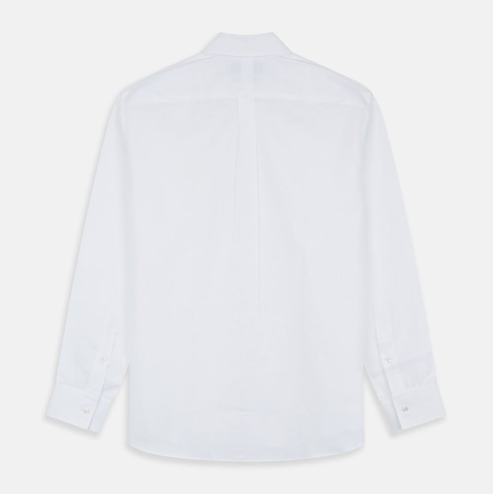 The Turnbull & Asser White Chambray Weekend Fit Shirt features a Dorset collar, 1-button cuffs, and a front pocket. Its clean design stands out against a plain white background—perfect for fans of classic Weekend Fit shirts.