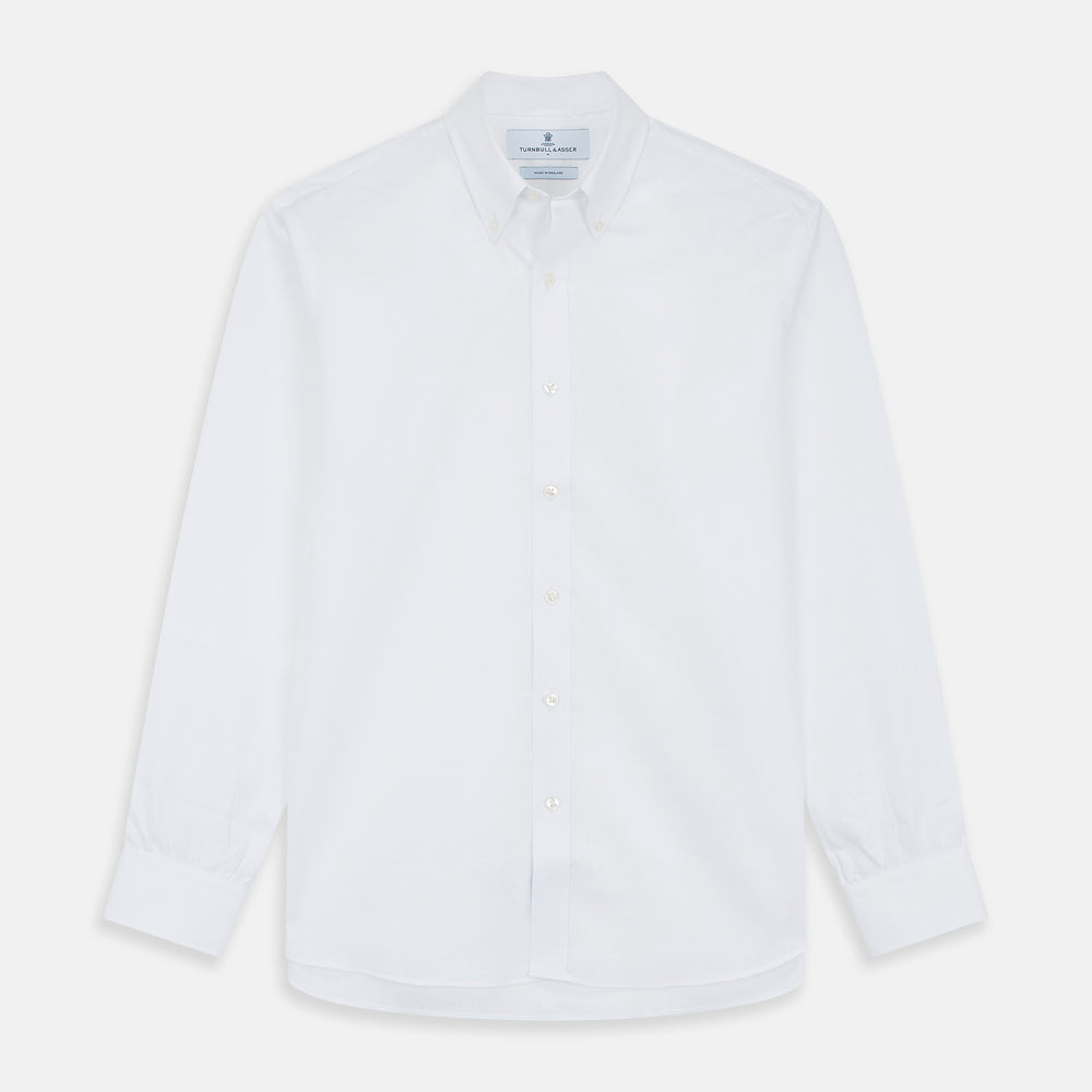 The Turnbull & Asser White Chambray Weekend Fit Shirt features a Dorset collar, 1-button cuffs, and a front pocket. Its clean design stands out against a plain white background—perfect for fans of classic Weekend Fit shirts.