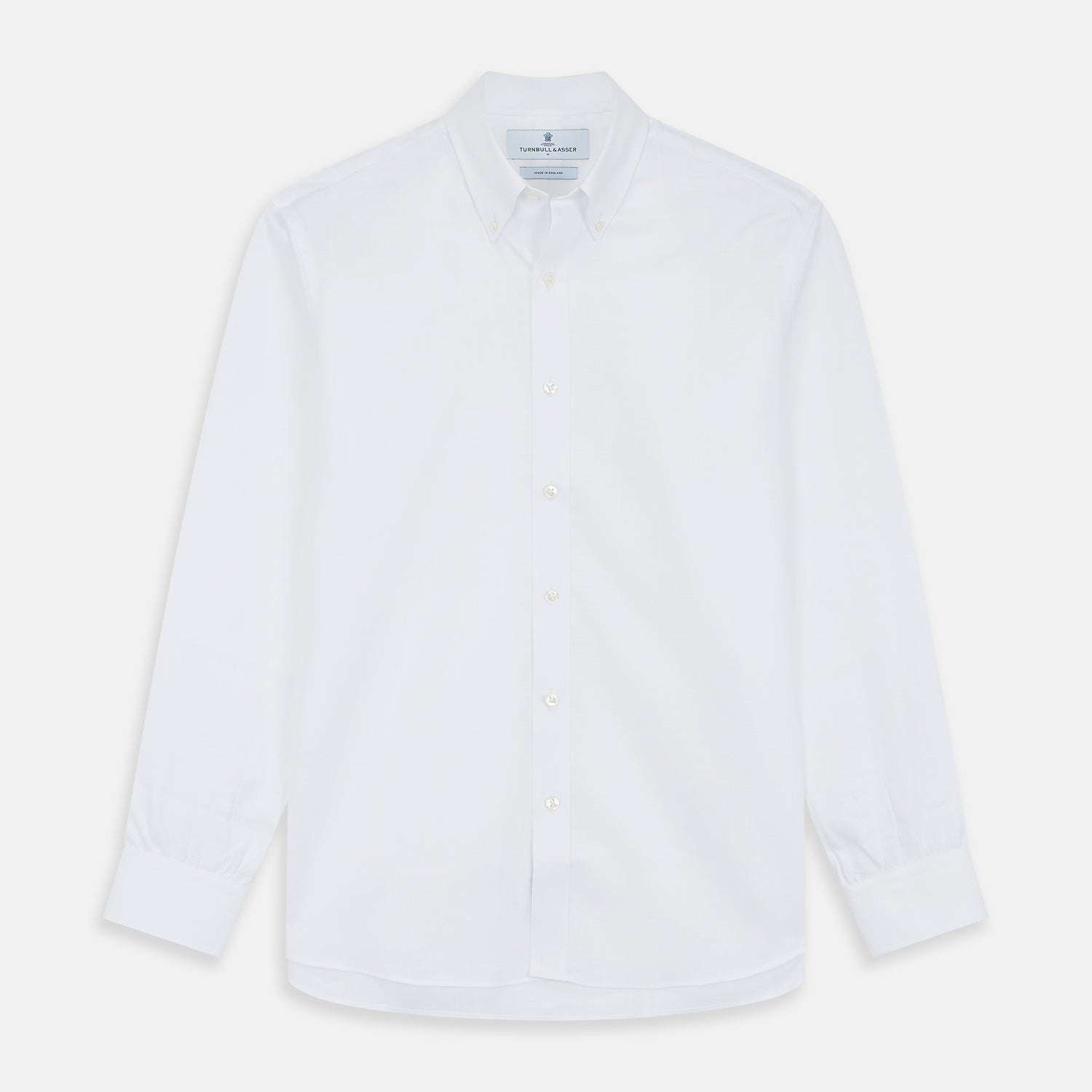 View 1 of product The Turnbull & Asser White Chambray Weekend Fit Shirt features a Dorset collar, 1-button cuffs, and a front pocket. Its clean design stands out against a plain white background—perfect for fans of classic Weekend Fit shirts.