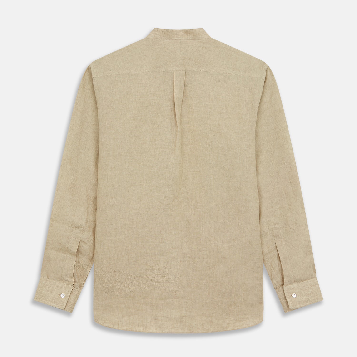 View 7 of product A man with a bald head and trimmed beard wears the Turnbull & Asser Beige Weekend Fit Linen Blake Shirt with stand collar and 1-button cuffs, standing calmly against a matching beige background.