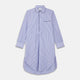 The Turnbull & Asser Blue Bengal Stripe Piped Cotton Nightshirt features long sleeves, a pointed collar, dark-trimmed pocket, curved hem, button details, and cuffed sleeves for an elegant look.