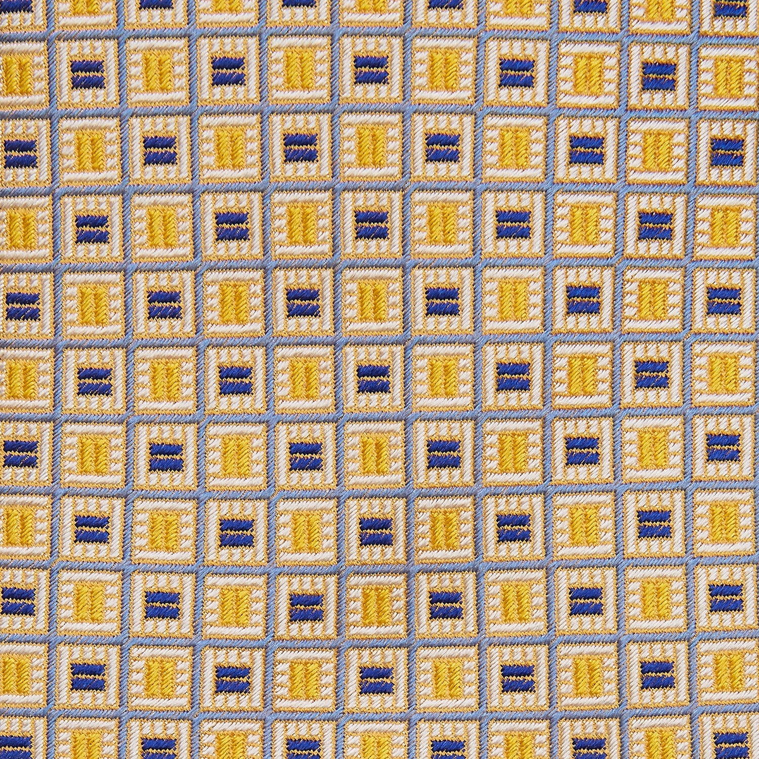 View 2 of product The Turnbull & Asser Yellow and Navy Geometric Silk Jacquard Tie features a striking square pattern on a light background, ideal for formal occasions, shown rolled up against a plain white surface.