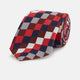 The Burgundy Checkerboard Silk Jacquard Tie by Turnbull & Asser features a bold autumnal pattern in red, navy blue, brown, gray, burgundy, and white squares, shown rolled on a plain white background.