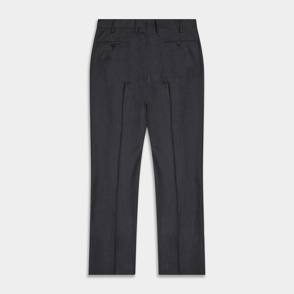 Turnbull & Asser Charcoal Houndstooth Flannel Trousers with a straight-leg cut, front zipper, button closure, belt loops, and side pockets, shown laid flat on a white background.