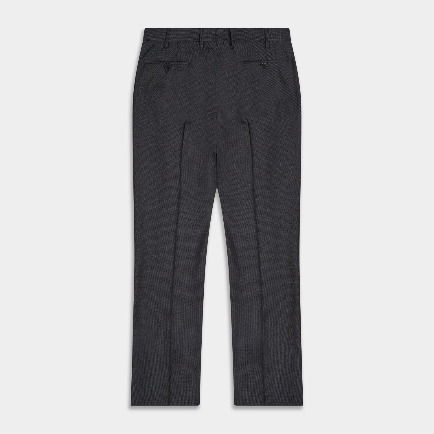 View 4 of product Turnbull & Asser Charcoal Houndstooth Flannel Trousers with a straight-leg cut, front zipper, button closure, belt loops, and side pockets, shown laid flat on a white background.
